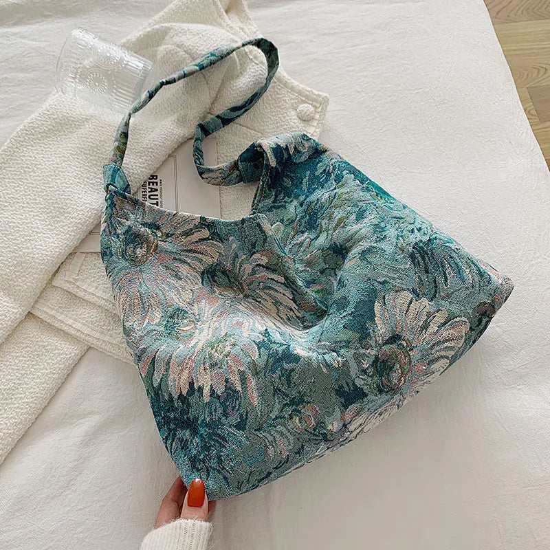 New Large Capacity Women's Handbag Fashion Printing Underarm Bag Retro Leisure Waterproof Shoulder Bag Women Canvas Shopping Bag