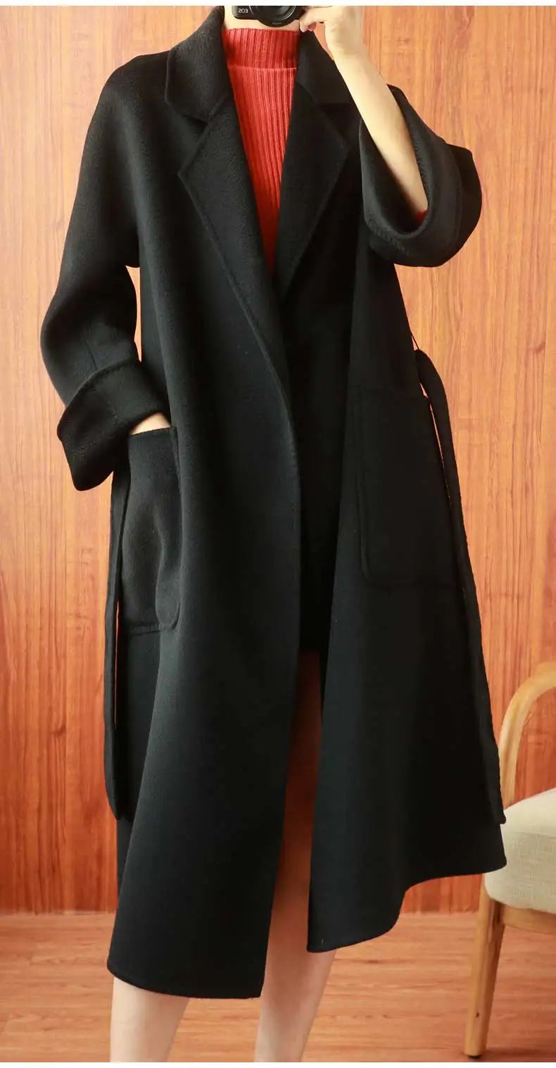 Women Double-Sided 20% Cashmere Wool Coat Jacket Women Long Beautiful Woolen Winter Autumn Warm Fashion Water Ripple Cloak