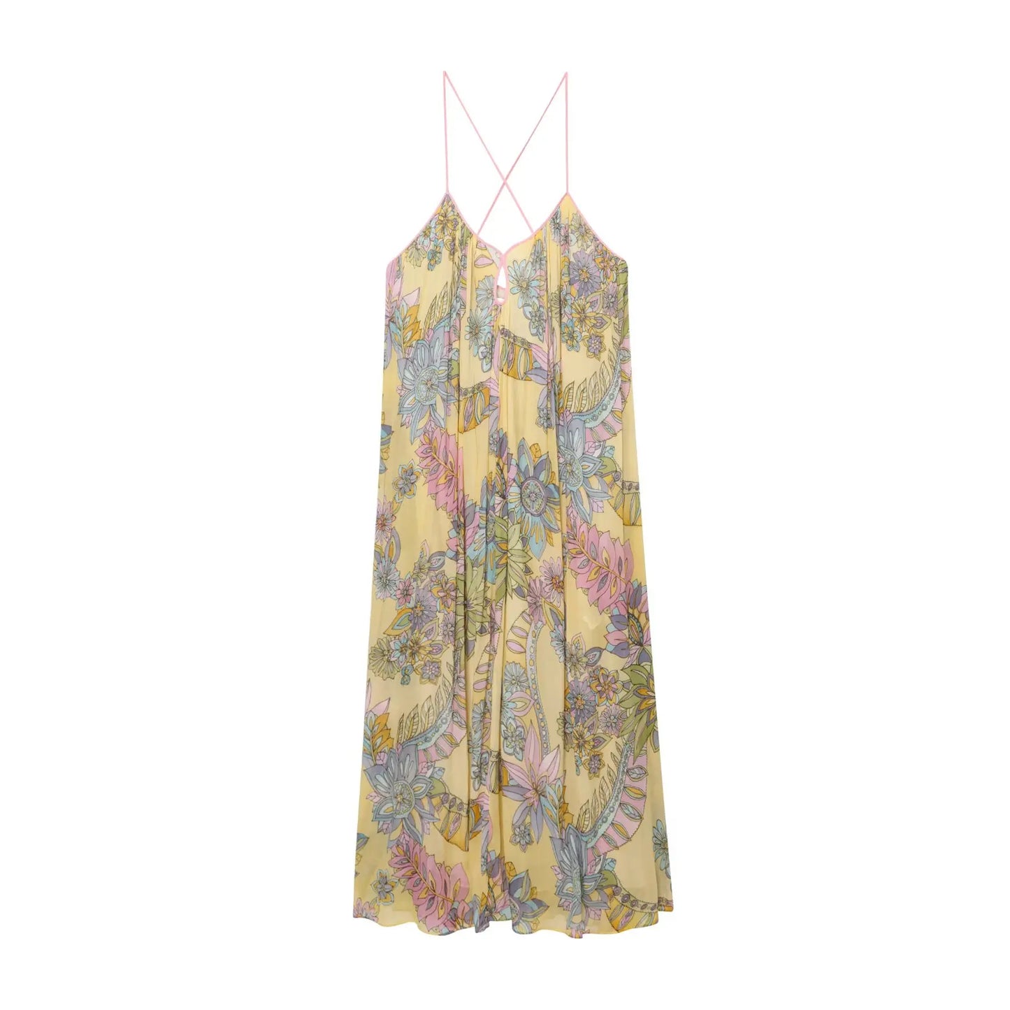 HH 2025 Woman's Summer Fashion V-neck Printed Sleeveless Dress Female Elegant Pleated Sexy Backless Casual Midi Long Dress