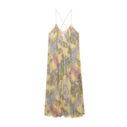 HH 2025 Woman's Summer Fashion V-neck Printed Sleeveless Dress Female Elegant Pleated Sexy Backless Casual Midi Long Dress