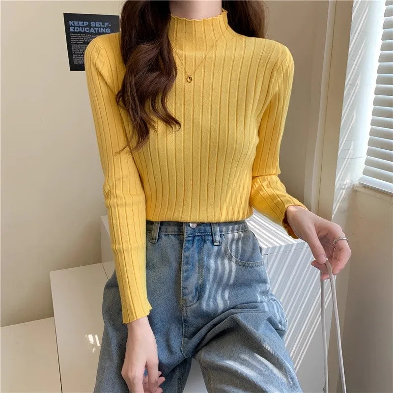 Woman Sweaters 2025 Autumn Winter Knitted Ribbed Turtleneck Sweater Women Clothes Long Sleeve Slim Basic Pullover Solid Tops