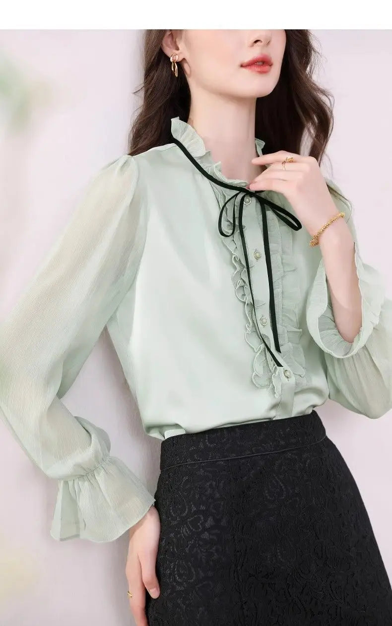 Women's Clothing Long-sleeved Chiffon Shirt Stand-up Collar French Tie High-end New Style Shirt Lace-up Top