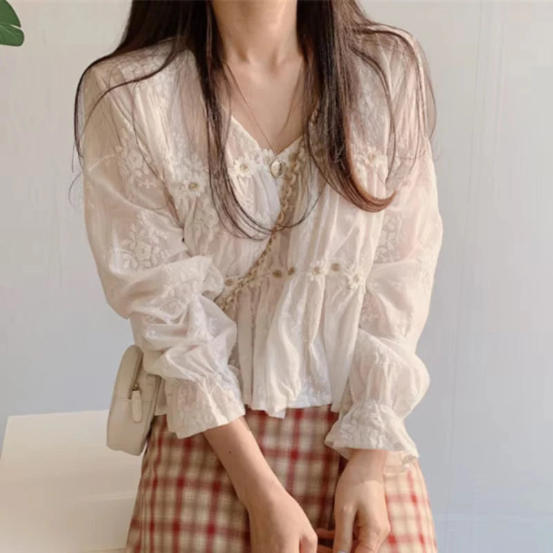 Women Fashion V-neck White Women Blouse Spring Flower Loose Hollow Shirt Korean Elegant Sweet Long Sleeve Short Tops Blusas