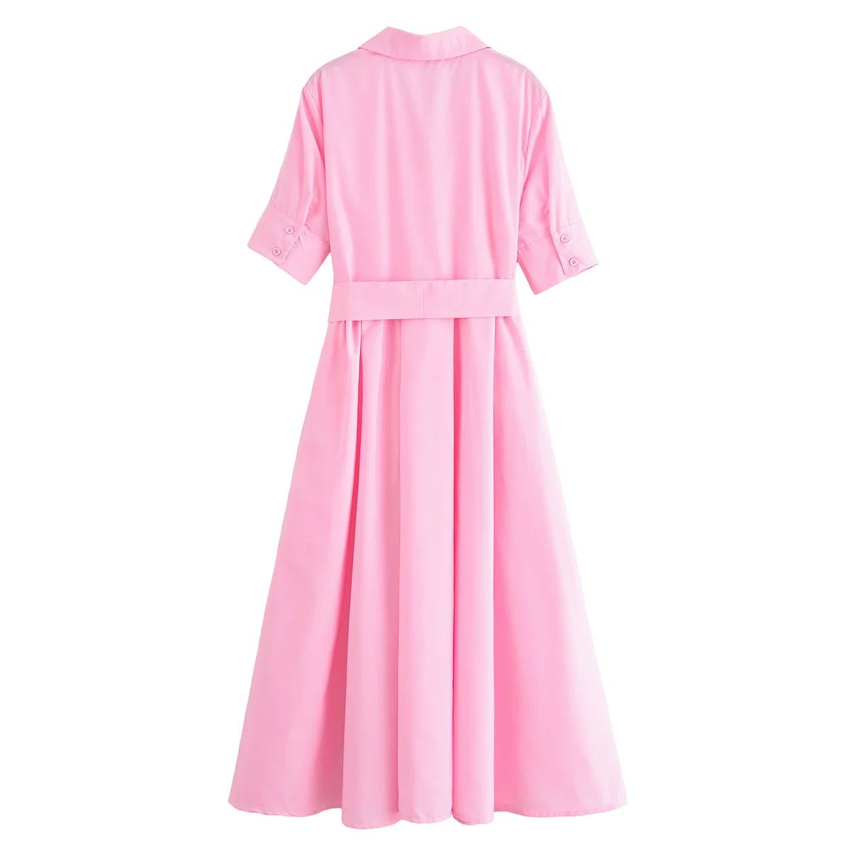 HH Woman Dresses Solid Turn-Down Collar Short Sleeve Pockets Bow Lace-Up Single-Breasted Female Fashion Long Dress 7 Color