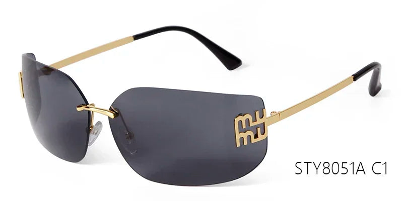 Luxury Metal Rimless Sunglasses Women Brand Design Rivets Letter Rectangle Curved Shades Funky Classic Sun Glasses Female