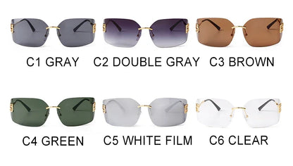 Luxury Metal Rimless Sunglasses Women Brand Design Rivets Letter Rectangle Curved Shades Funky Classic Sun Glasses Female