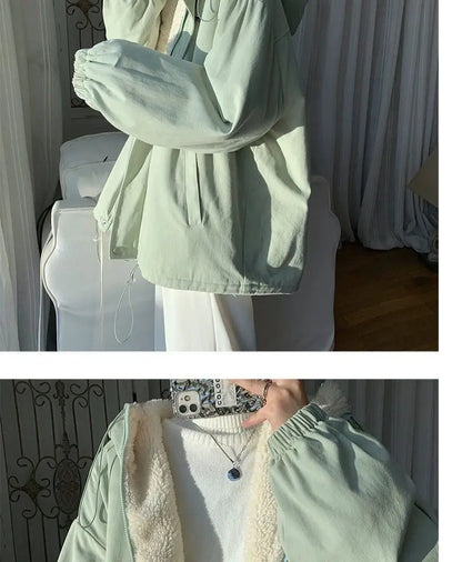 Lamb wool Jacket Women's 2025 Autumn winter New Korean version Loose Workwear Student cotton Jackets Female Hooded Warm Coat