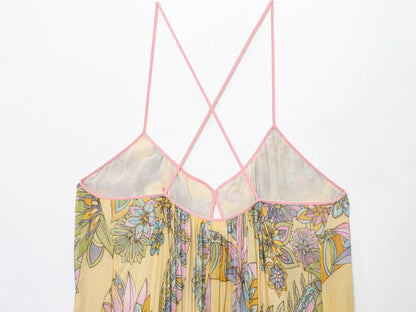 HH 2025 Woman's Summer Fashion V-neck Printed Sleeveless Dress Female Elegant Pleated Sexy Backless Casual Midi Long Dress