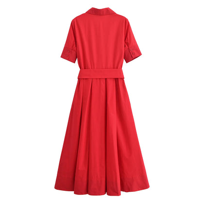 HH Woman Dresses Solid Turn-Down Collar Short Sleeve Pockets Bow Lace-Up Single-Breasted Female Fashion Long Dress 7 Color