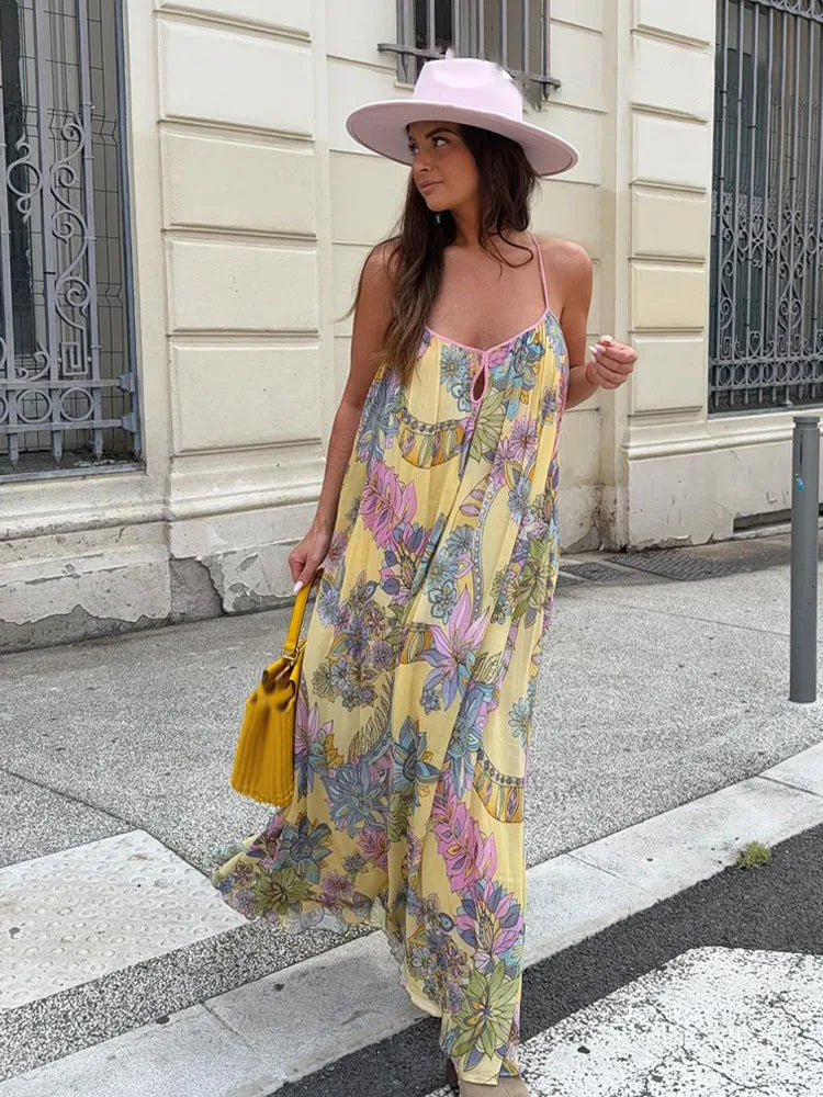 HH 2025 Woman's Summer Fashion V-neck Printed Sleeveless Dress Female Elegant Pleated Sexy Backless Casual Midi Long Dress