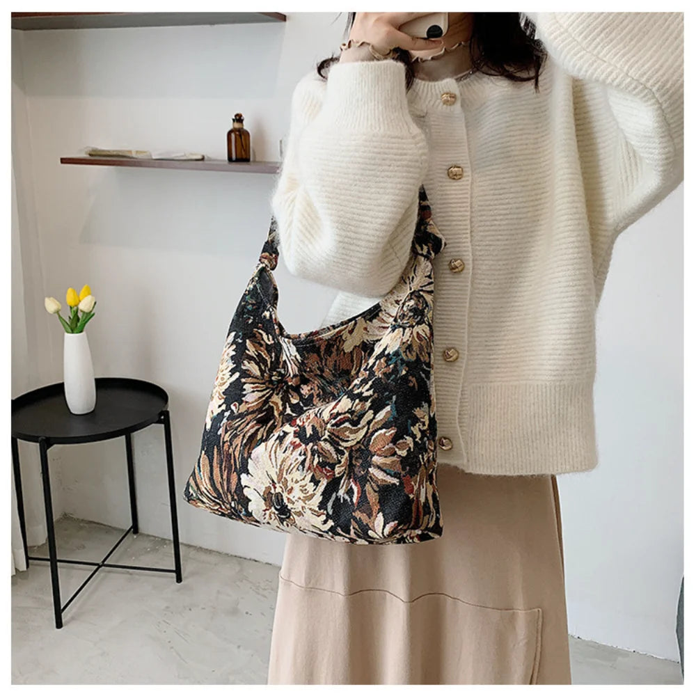 New Large Capacity Women's Handbag Fashion Printing Underarm Bag Retro Leisure Waterproof Shoulder Bag Women Canvas Shopping Bag