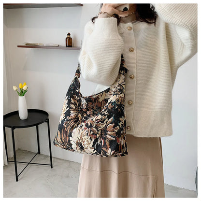 New Large Capacity Women's Handbag Fashion Printing Underarm Bag Retro Leisure Waterproof Shoulder Bag Women Canvas Shopping Bag