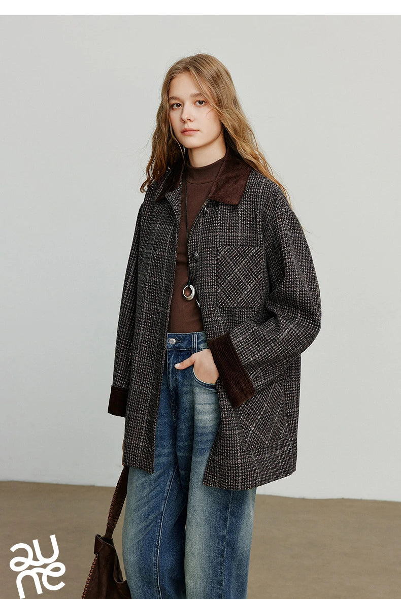 TOYOUTH Women Coat 2025 Winter New 100% Sheep Wool Corduroy Plaid Patterned Patchwork Woolen Coat