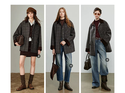 TOYOUTH Women Coat 2025 Winter New 100% Sheep Wool Corduroy Plaid Patterned Patchwork Woolen Coat