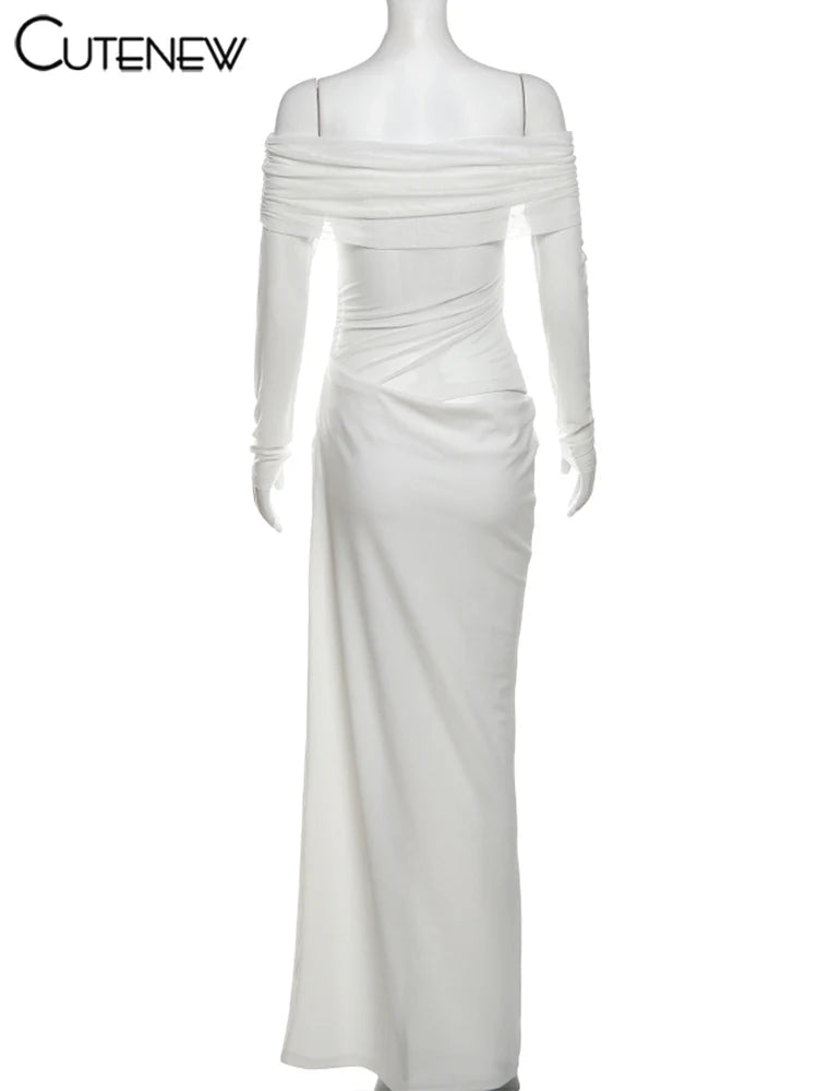 Cutenew Mesh Ruched Women Maxi Dress Sexy See Through Off Shoulder Long Sleeve Sheath Vestidos Female Midnight Party Solid Robe