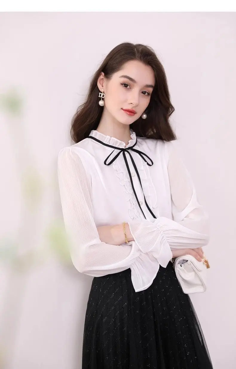 Women's Clothing Long-sleeved Chiffon Shirt Stand-up Collar French Tie High-end New Style Shirt Lace-up Top