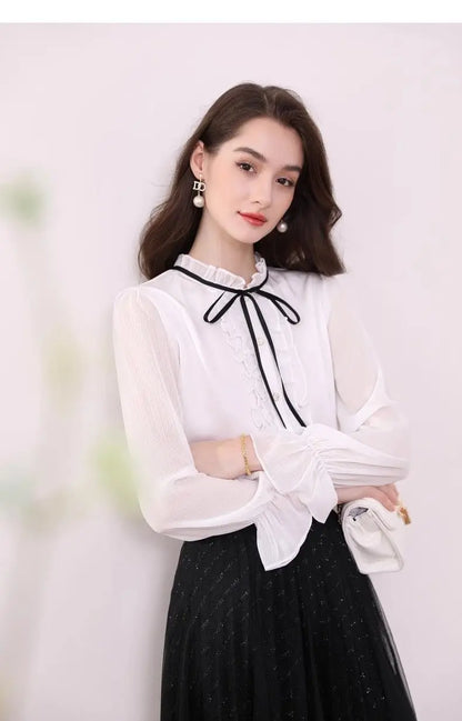 Women's Clothing Long-sleeved Chiffon Shirt Stand-up Collar French Tie High-end New Style Shirt Lace-up Top