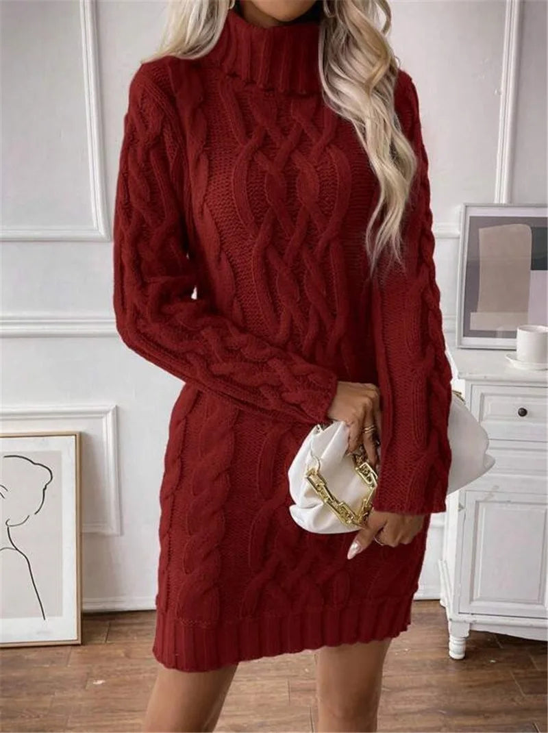 Winter Clothes Woman Pulls Femmes High Neck Vestidos Slim Fit Sweater Knitted Long Sleeve Dress All-match Simple Style Commuting
