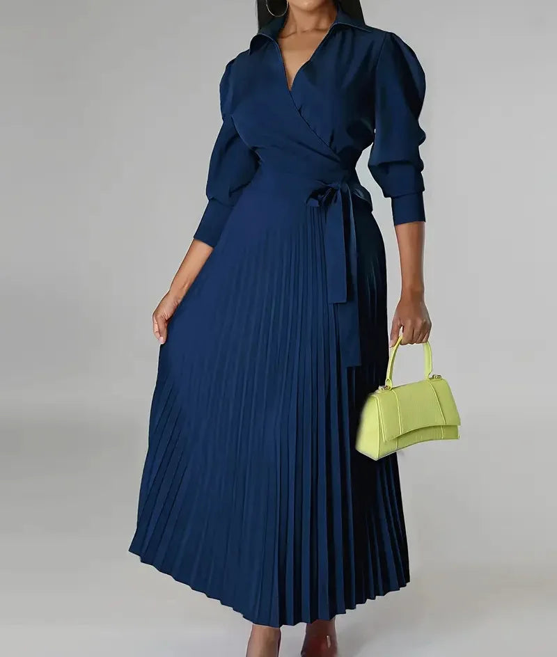 Woman's Elegance Evening Party Pleated Dress Spring Fashion V-neck Long Sleeves High Waist Lace-up Robe Autumn Ladies Vestidos