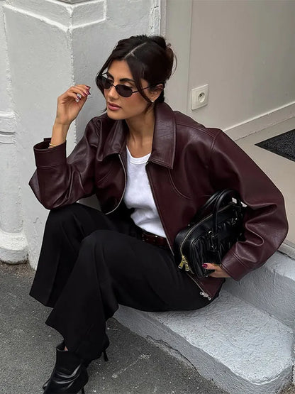 Burgundy PU Leather Lapel Jacket