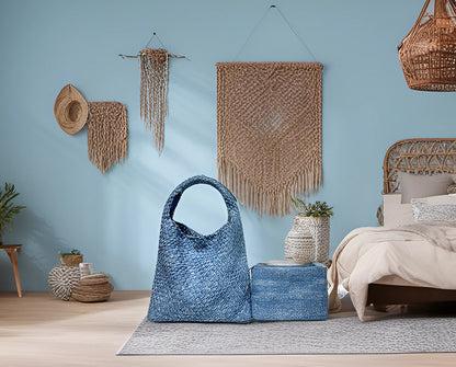 Women Jean Woven Bag Hand-Woven Tote Handbag Fashion Shoulder Top-handle Bag All-Match Underarm Bag with Purse