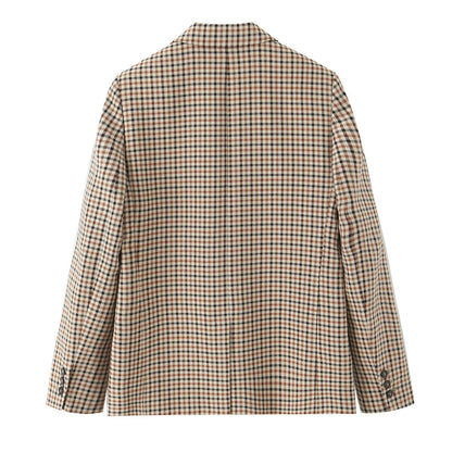 Woman Office Lady Suit Plaid Jacket Chic Autumn Khaki Plaid WomanSingle Breasted Blazer+Straight Long Pants Vintage Fashion