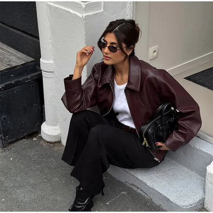 Ladies' burgundy PU leather short jacket fashionable autumn lapel jacket zipper high street loose leather jacket