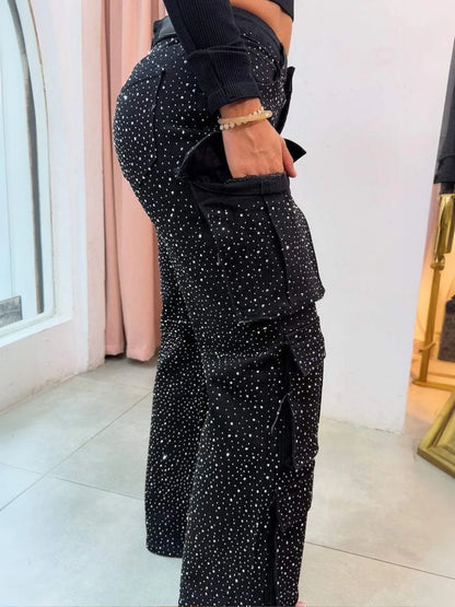 2025 New High Waist Black Rhinestone Multi-Pocket Work Jeans, Street Style, High Quality Fashionable Straight Jeans, a Must-Have.