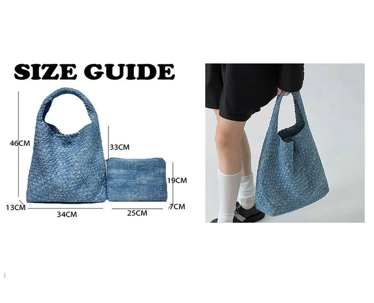 Women Jean Woven Bag Hand-Woven Tote Handbag Fashion Shoulder Top-handle Bag All-Match Underarm Bag with Purse