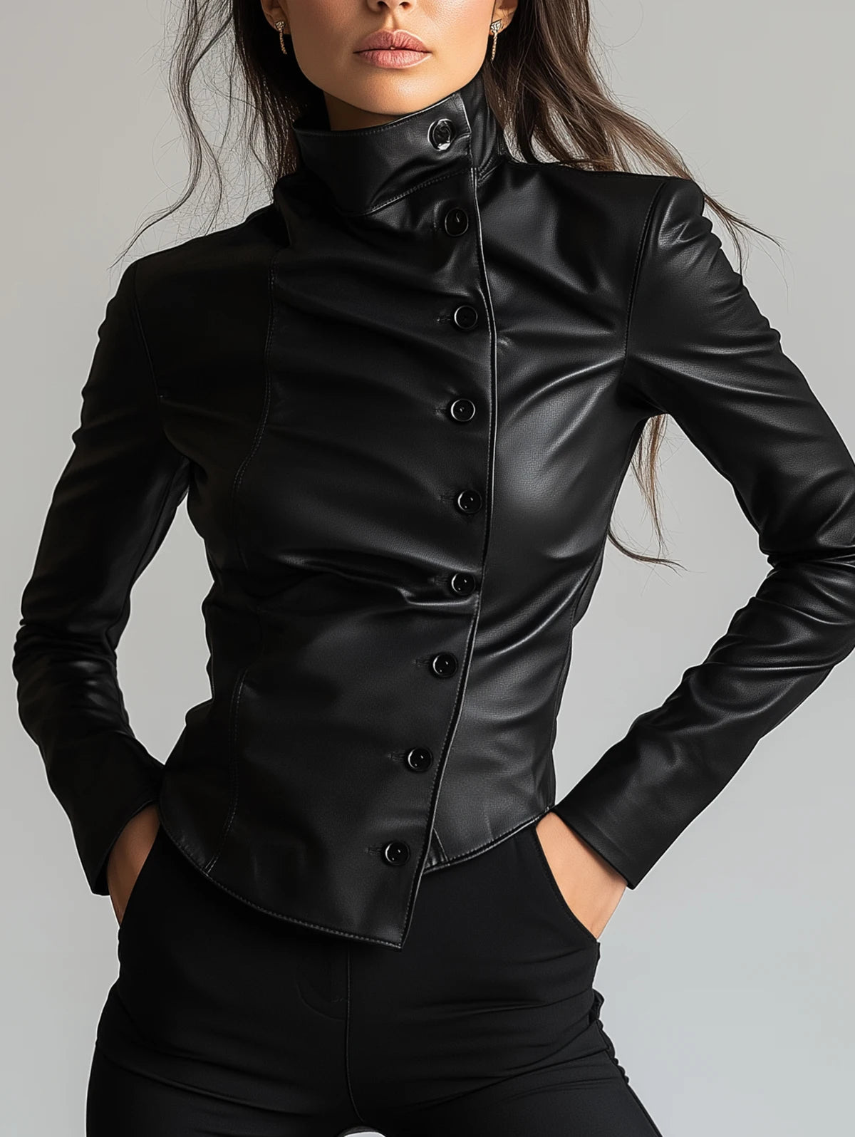 Women Blouse High Neck PU Leather Long Sleeve Top Cinched Hem Solid Slant Buttons Leather T Shirt High Street Streetwear