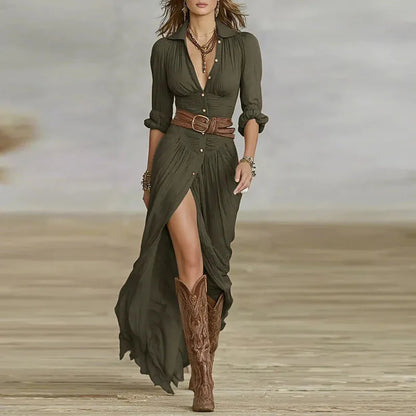 Woman Dresses 2025 New French Retro V Neck Belted Slim Pleated Long Dress Autumn Single Breasted Long Sleeve Slit Bohemian Dress