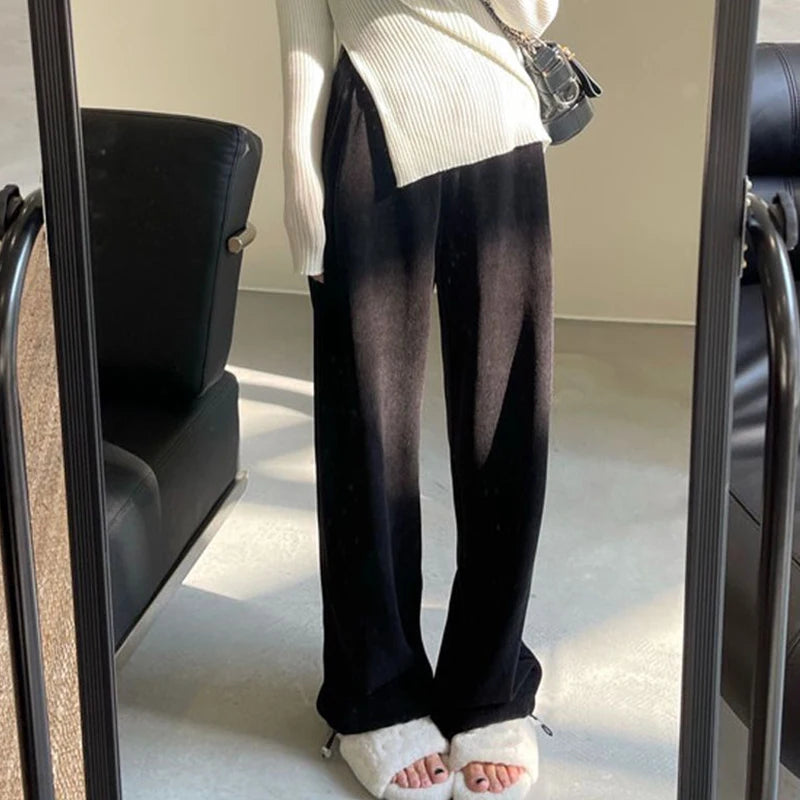 Winter Warm Thicken Trousers Women Fleece Inside Casual Wide Leg Pants Woman Casual Soild Color Straight Sports Pants Female