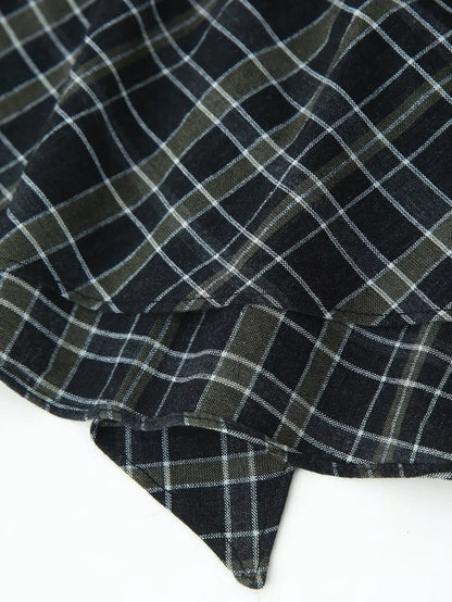 HH Woman Elegant V-Neck Plaid Pleated Decoration Long Sleeves Midi Dress Female Fashion High-Waist Asymmetric Hem Slim Dress