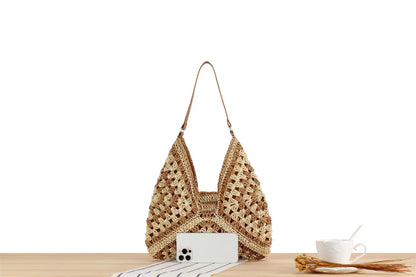 Summer Bohemian Braided Handbag Casual Tote Hollow Straw Beach Bag Woven Shoulder Bag Raffia Rattan Shopping Travel Bag