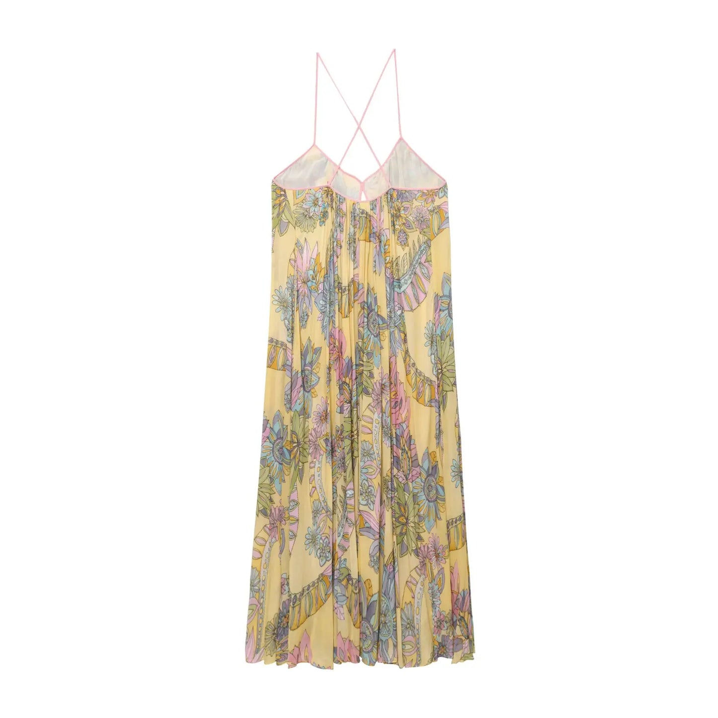 HH 2025 Woman's Summer Fashion V-neck Printed Sleeveless Dress Female Elegant Pleated Sexy Backless Casual Midi Long Dress