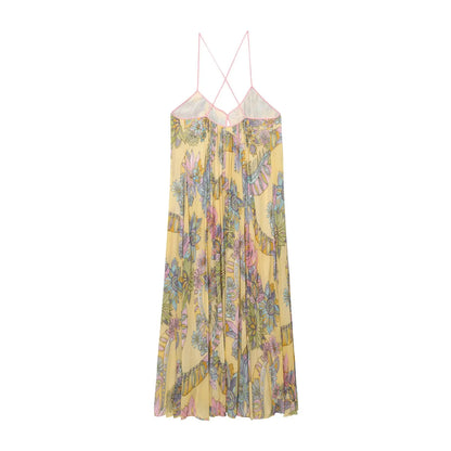 HH 2025 Woman's Summer Fashion V-neck Printed Sleeveless Dress Female Elegant Pleated Sexy Backless Casual Midi Long Dress