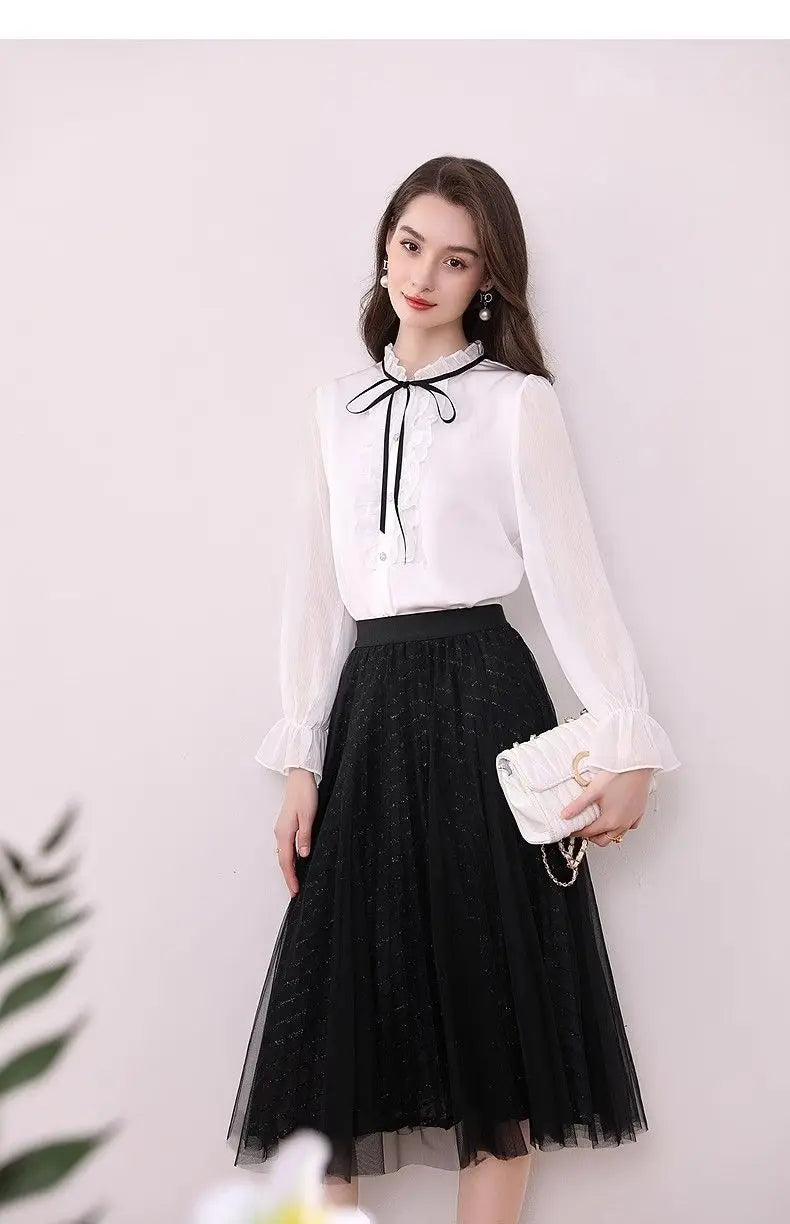 Women's Clothing Long-sleeved Chiffon Shirt Stand-up Collar French Tie High-end New Style Shirt Lace-up Top
