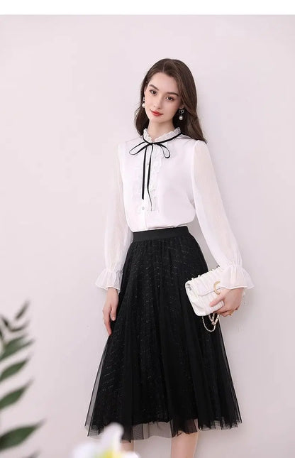 Women's Clothing Long-sleeved Chiffon Shirt Stand-up Collar French Tie High-end New Style Shirt Lace-up Top