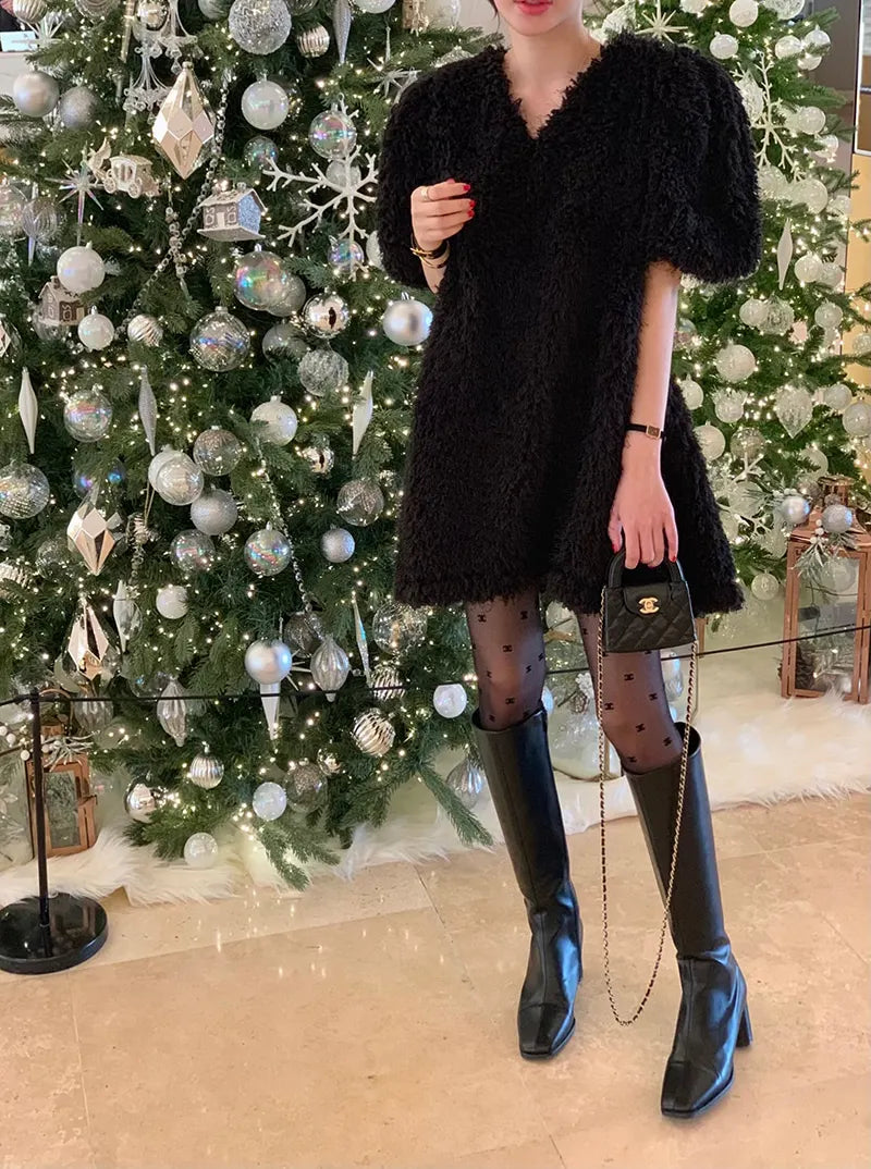 Clothland Women Elegant White Black Fur Dress V Neck Short Sleeve A Line Party Event Club Mini Dresses Vestido QD305