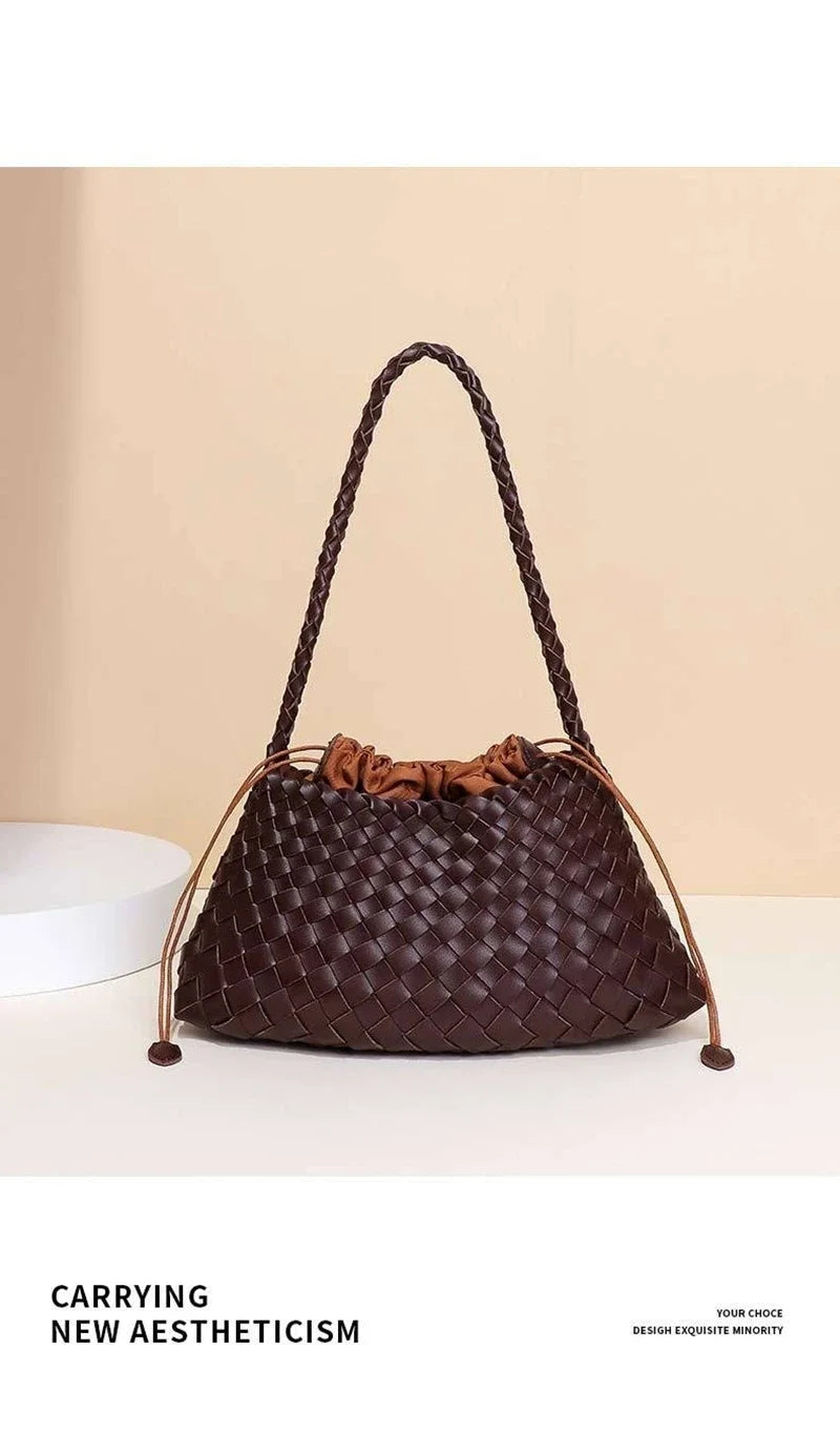 Women Handwoven Shoulder Bag Korean Casual Trendy Large Capacity Handbag Soft PU Leather Ladies Tote Bag Summer Underarm Bags