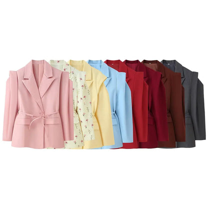 HH Woman's 2025 Autumn Fashion Long Sleeve Lapel Wide Shoulder Blazer Jacket Female Lace-up Single Buckle Exaggerated Coat