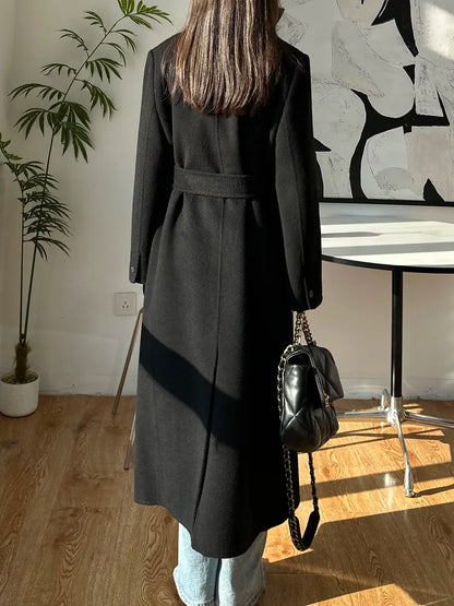 2025 New Women Elegant White Long Below The Knee Woolen Coat Winter Female High Sense Fashion Double-breasted Thicken Outwear