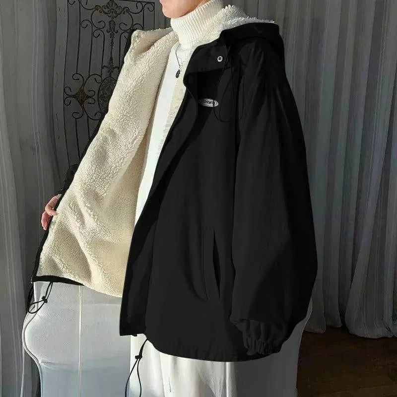 Lamb wool Jacket Women's 2025 Autumn winter New Korean version Loose Workwear Student cotton Jackets Female Hooded Warm Coat