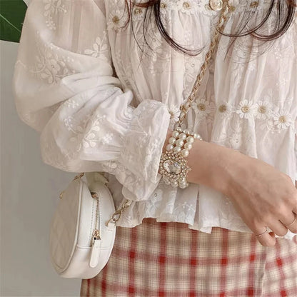 Women Fashion V-neck White Women Blouse Spring Flower Loose Hollow Shirt Korean Elegant Sweet Long Sleeve Short Tops Blusas