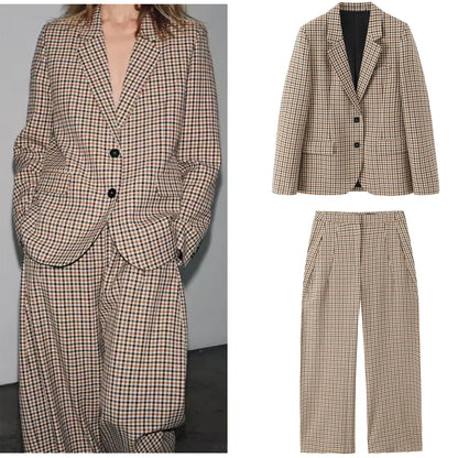 Woman Office Lady Suit Plaid Jacket Chic Autumn Khaki Plaid WomanSingle Breasted Blazer+Straight Long Pants Vintage Fashion