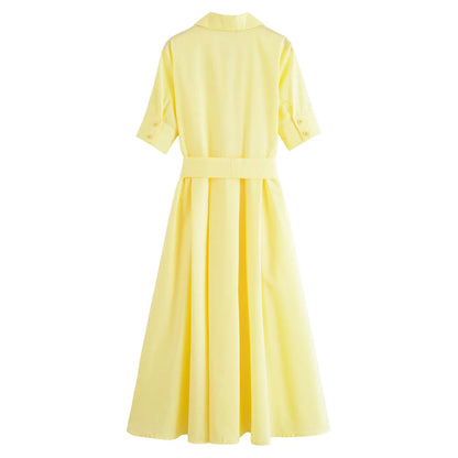 HH Woman Dresses Solid Turn-Down Collar Short Sleeve Pockets Bow Lace-Up Single-Breasted Female Fashion Long Dress 7 Color