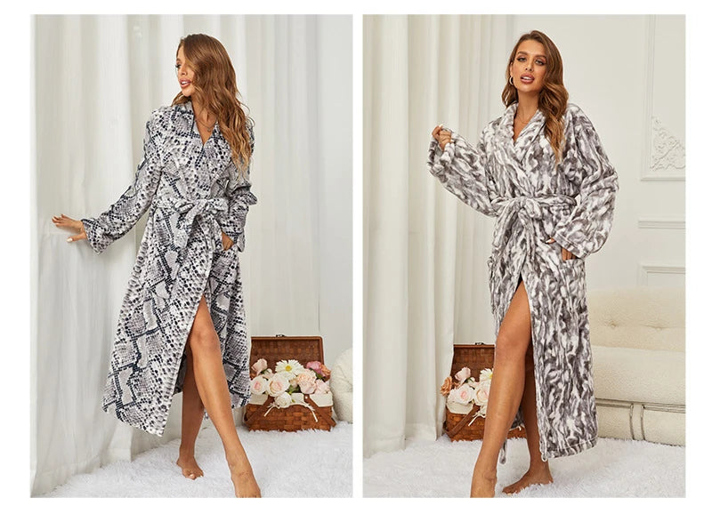 Flannel Long Robe for Women Autumn Winter Fashion Bathrobe Homewear Loose Casual Nightgown Sleepwear Coral Fleece Loungewear