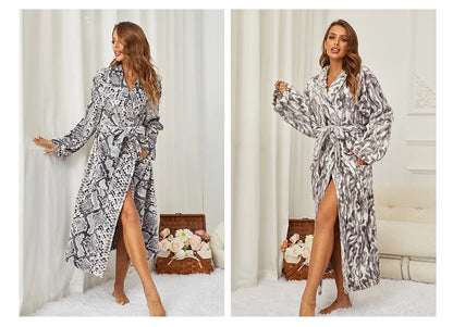 Flannel Long Robe for Women Autumn Winter Fashion Bathrobe Homewear Loose Casual Nightgown Sleepwear Coral Fleece Loungewear