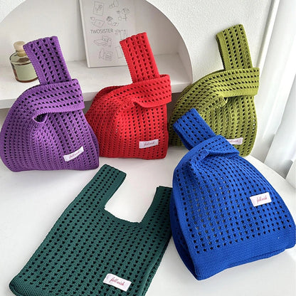 Handmade Knit Handbag Women Mini Knot Wrist-bag Female Casual Color Wide Stripe Plaid Tote Bag Student Reusable Shopping Bag