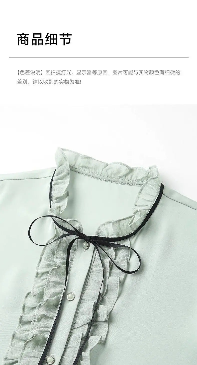 Women's Clothing Long-sleeved Chiffon Shirt Stand-up Collar French Tie High-end New Style Shirt Lace-up Top